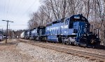 Three EMD's leads EDPO (East Deerfield to Portland, ME) east through Shirley